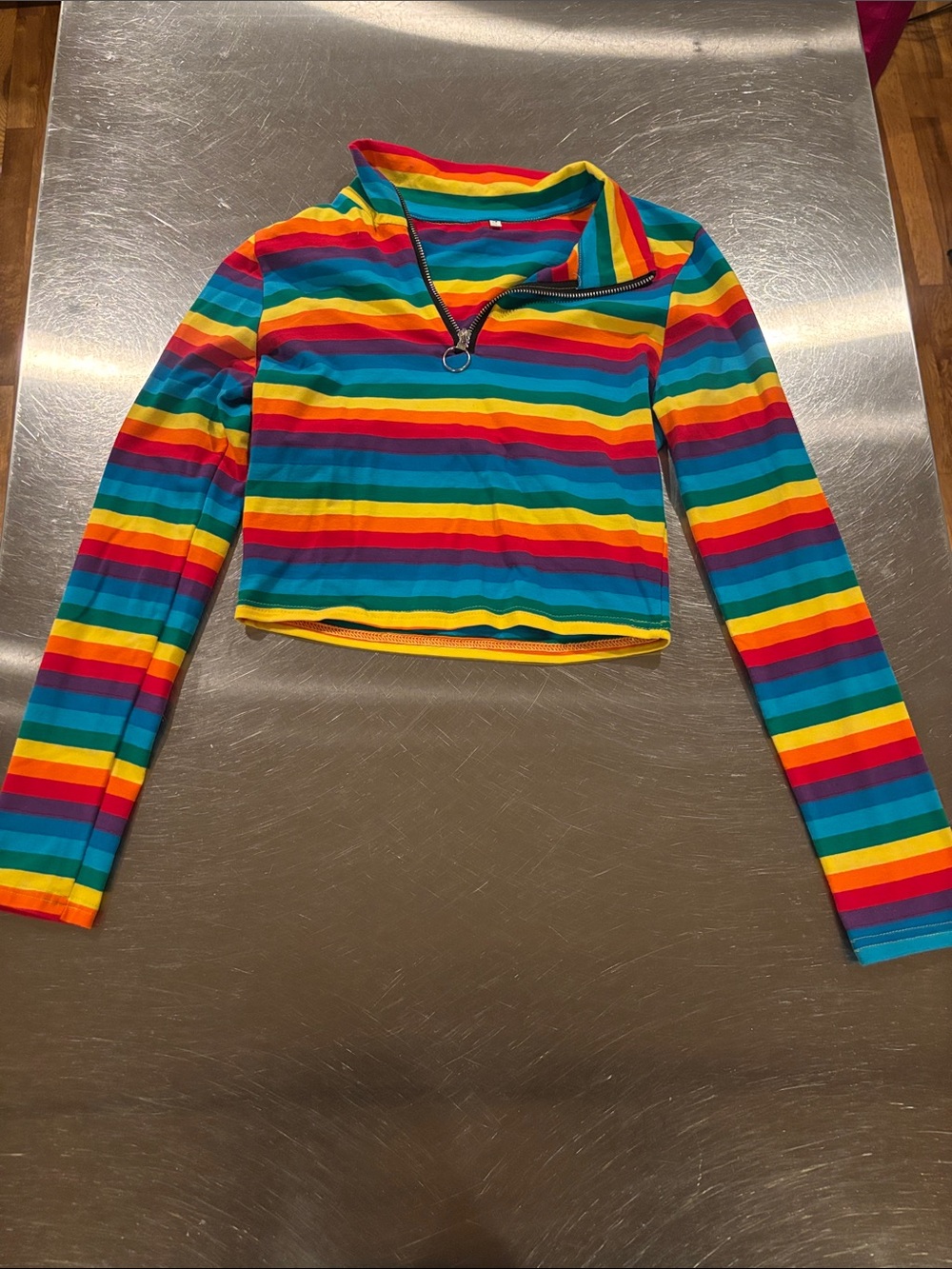 Rainbow Stripe Long-Sleeve Crop Top with Zip